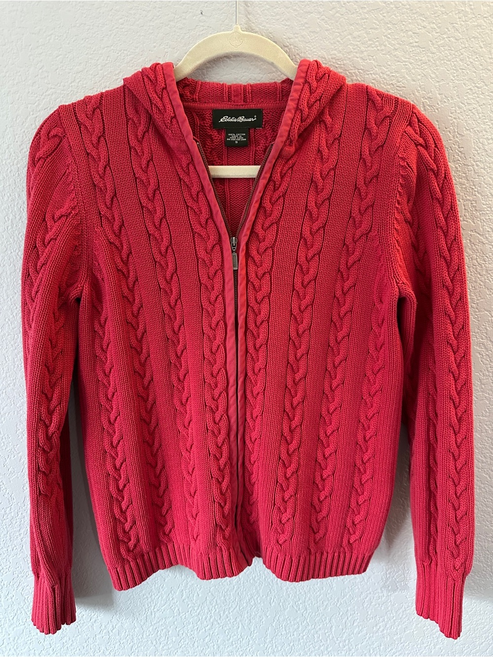 Eddie Bauer Bright Red Cable-Knit Zip Hoodie Cardigan